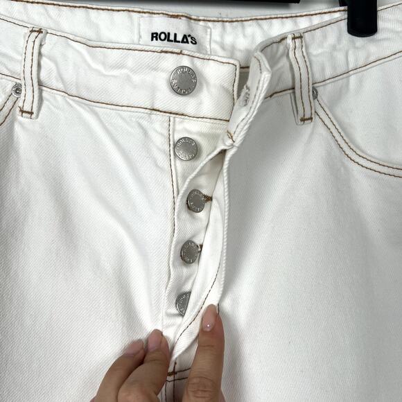 Rolla's Women 29 Classic Straight High Rise Regular Fit White Jeans Brown Trim - Picture 2 of 12